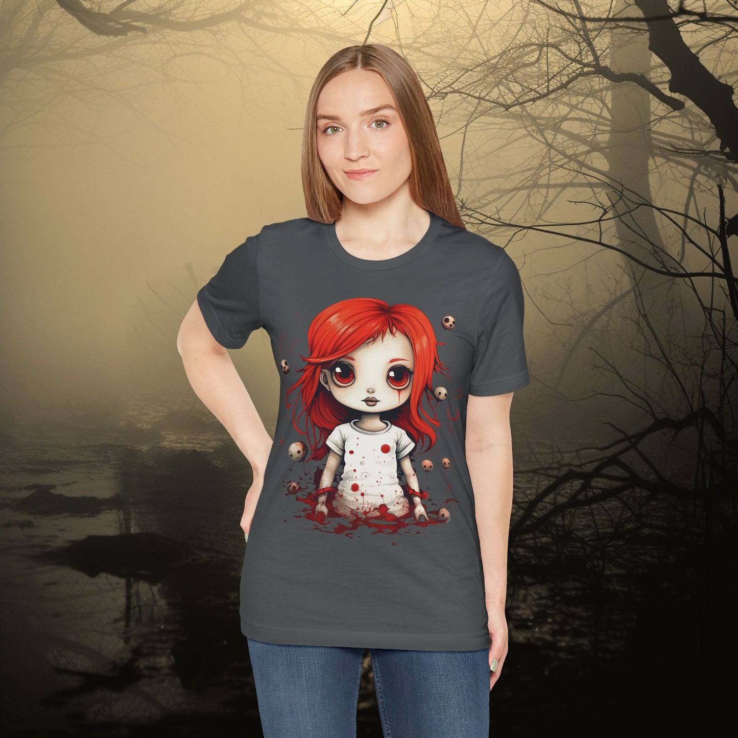 Pretty Creepy Doll Halloween Unisex Jersey Short Sleeve Tee