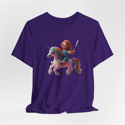 Chucky on his Unicorn!  Unisex Jersey Short Sleeve Tee