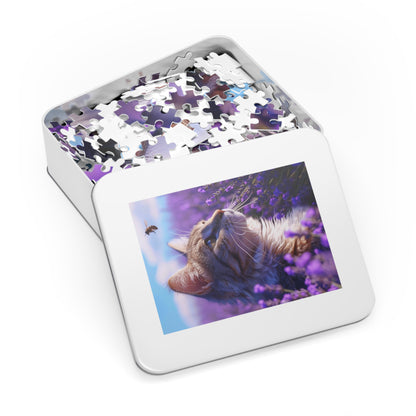 Cat and Bee in a Field of Purple Flowers  Jigsaw Puzzle (30, 110, 252, 500,1000-Piece)