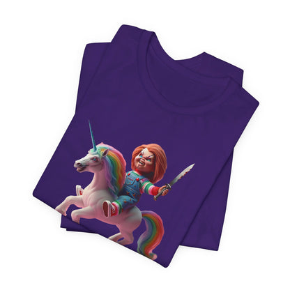 Chucky on his Unicorn!  Unisex Jersey Short Sleeve Tee