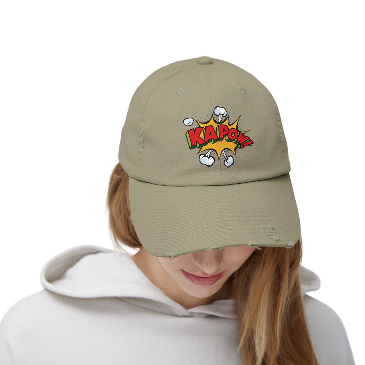 Unisex Distressed Cap - Comic Style 'KAPOW!' Graphic Hat for Bold Adventure Lovers