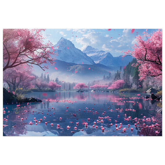 Japan Landscape Lake with Cherry Blossoms  Jigsaw Puzzle (30, 110, 252, 500,1000-Piece)