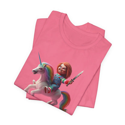 Chucky on his Unicorn!  Unisex Jersey Short Sleeve Tee