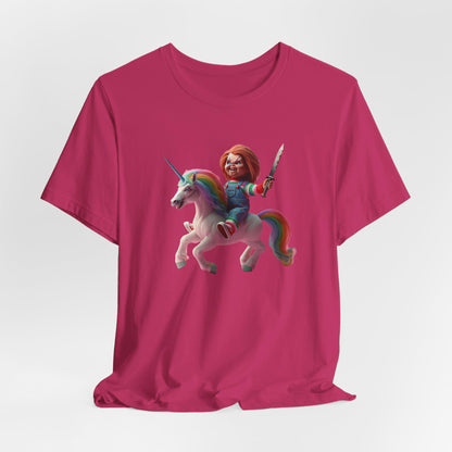 Chucky on his Unicorn!  Unisex Jersey Short Sleeve Tee