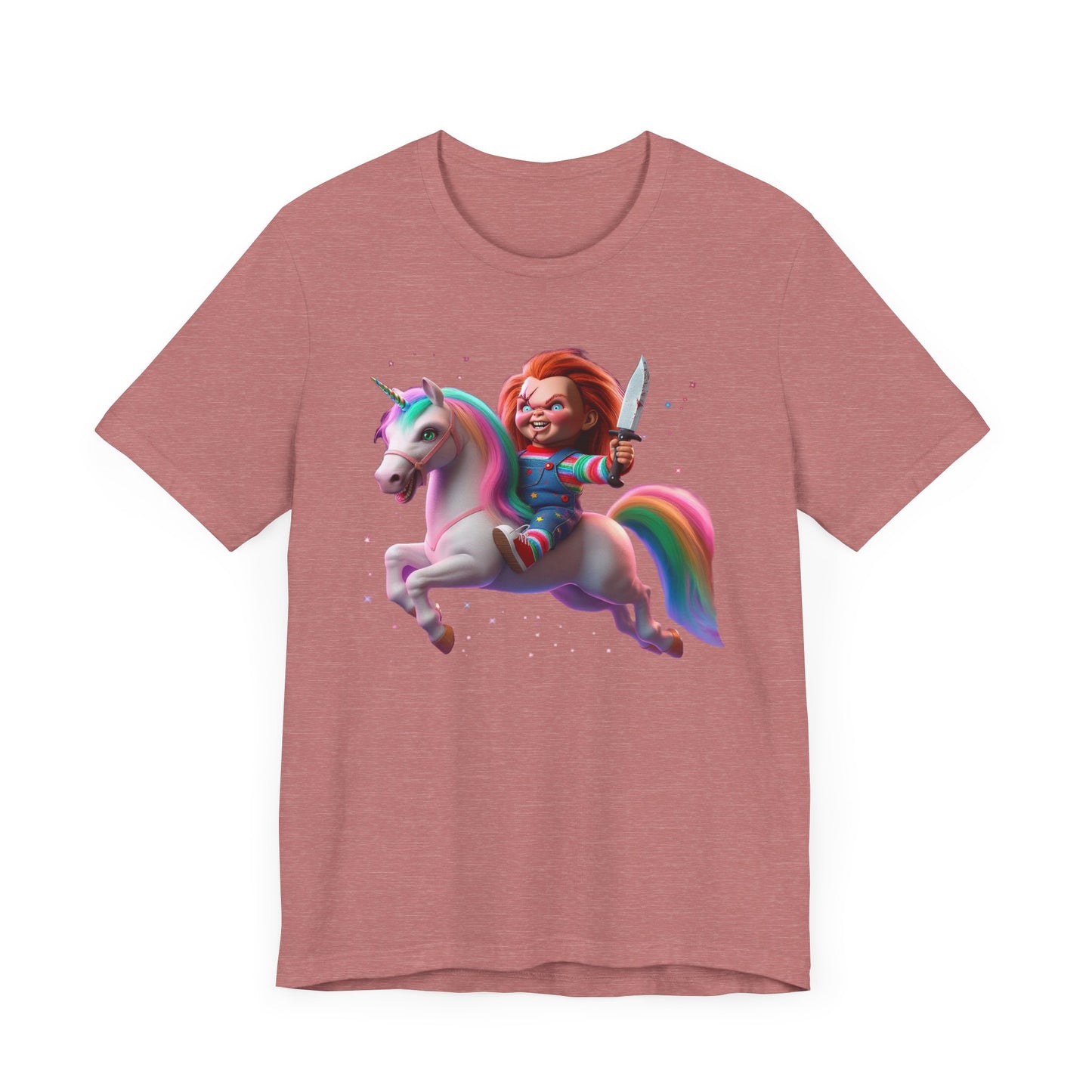 Chucky Riding a Unicorn! Unisex Jersey Short Sleeve Tee