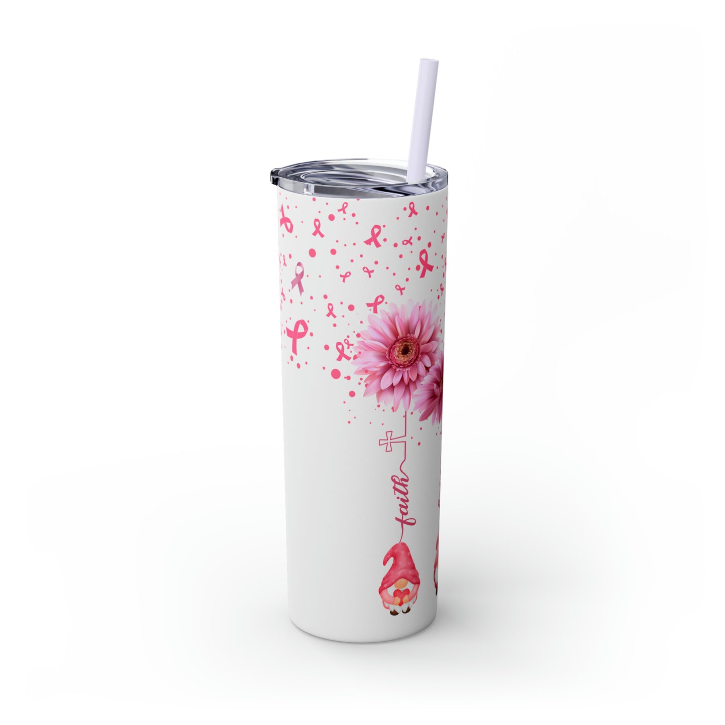 Faith Hope & Love Gnome Breast Cancer Awareness Skinny Tumbler with Straw, 20oz