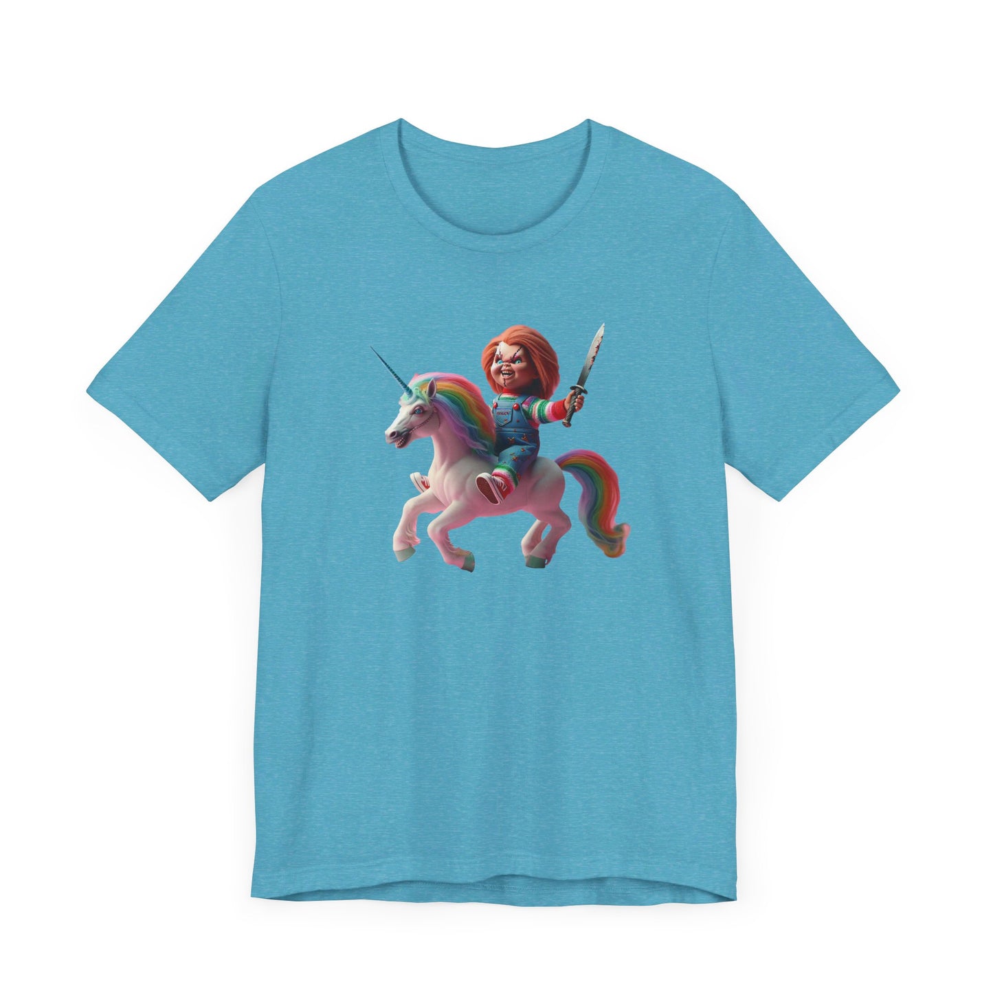 Chucky on his Unicorn!  Unisex Jersey Short Sleeve Tee