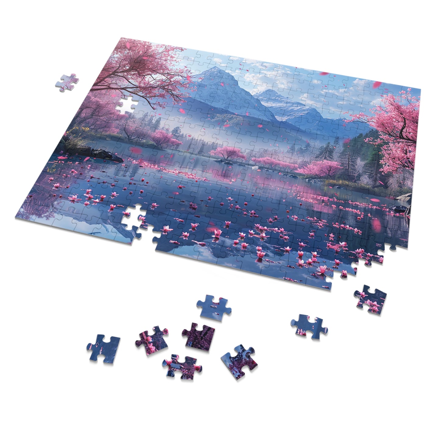 Japan Landscape Lake with Cherry Blossoms  Jigsaw Puzzle (30, 110, 252, 500,1000-Piece)