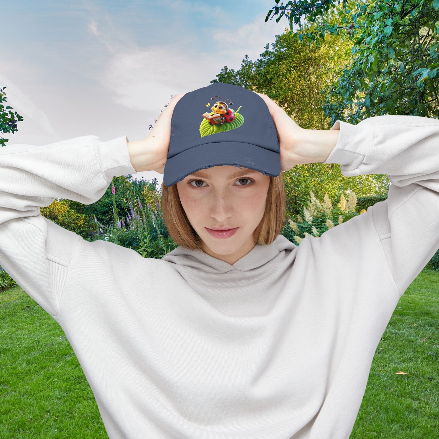 The Ladybug Reading Her Book   Distressed Cap - Unisex