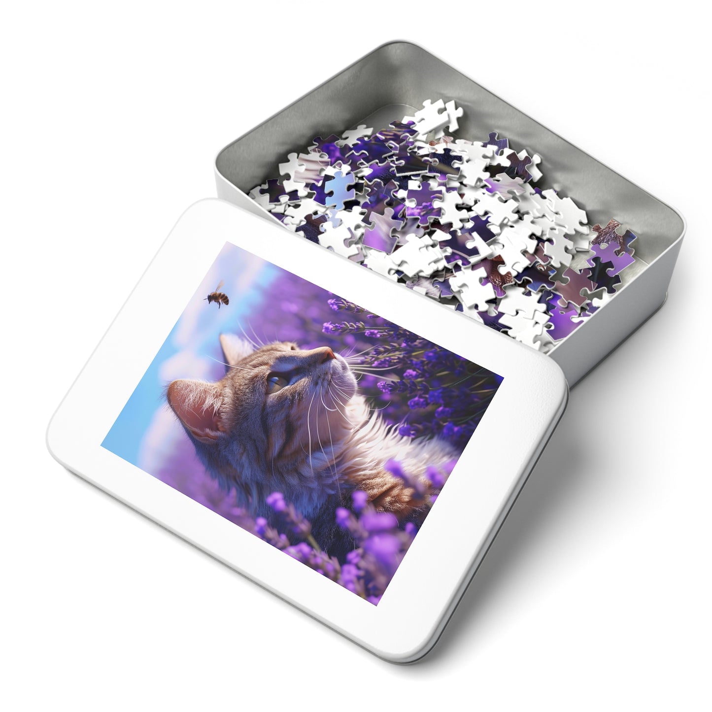 Cat and Bee in a Field of Purple Flowers  Jigsaw Puzzle (30, 110, 252, 500,1000-Piece)