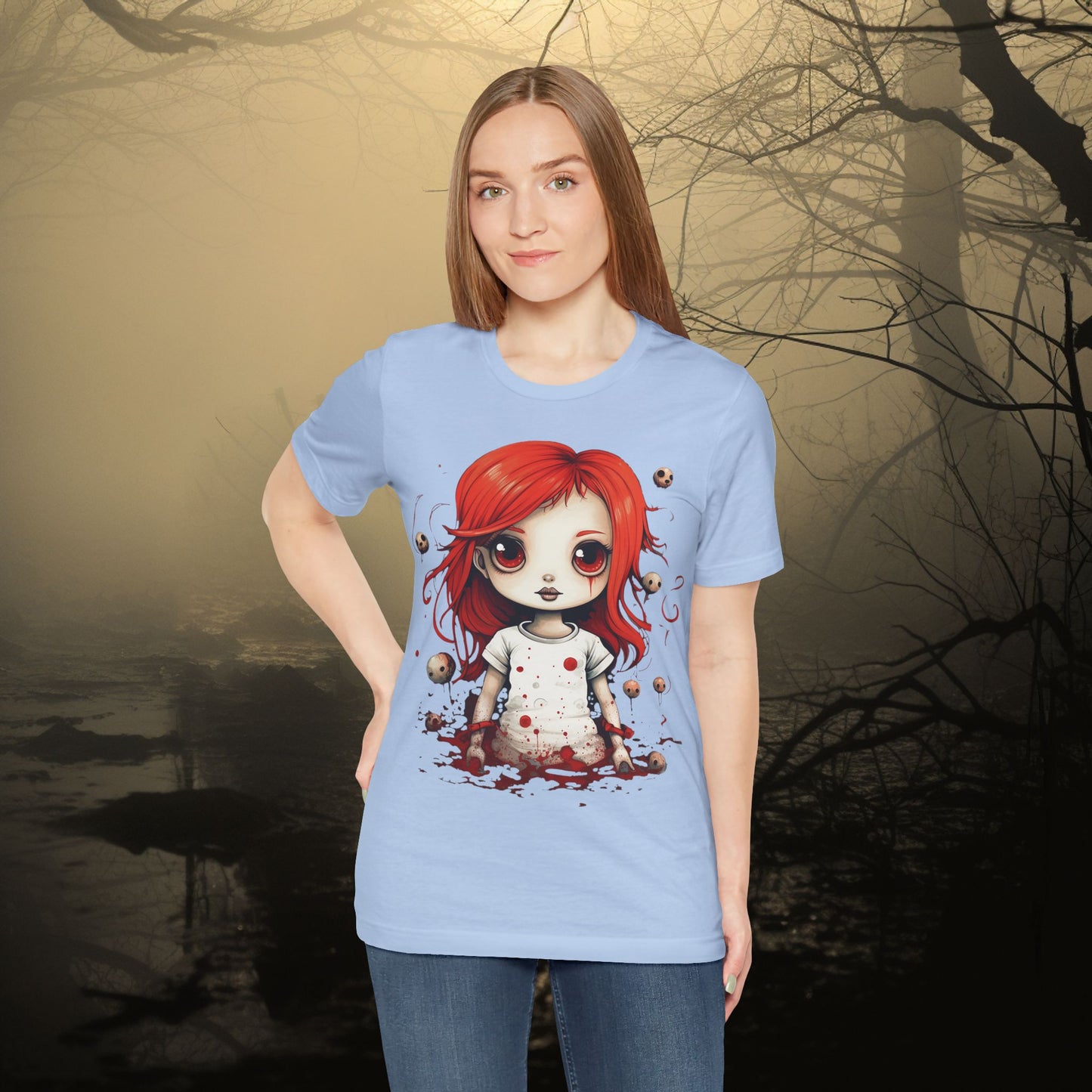 Pretty Creepy Doll Halloween Unisex Jersey Short Sleeve Tee