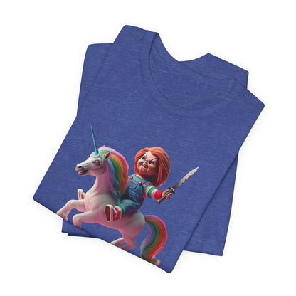 Chucky on his Unicorn!  Unisex Jersey Short Sleeve Tee