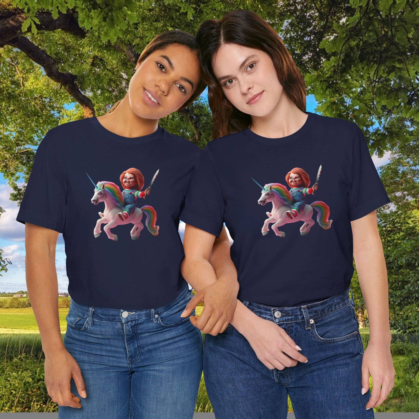 Chucky on his Unicorn!  Unisex Jersey Short Sleeve Tee