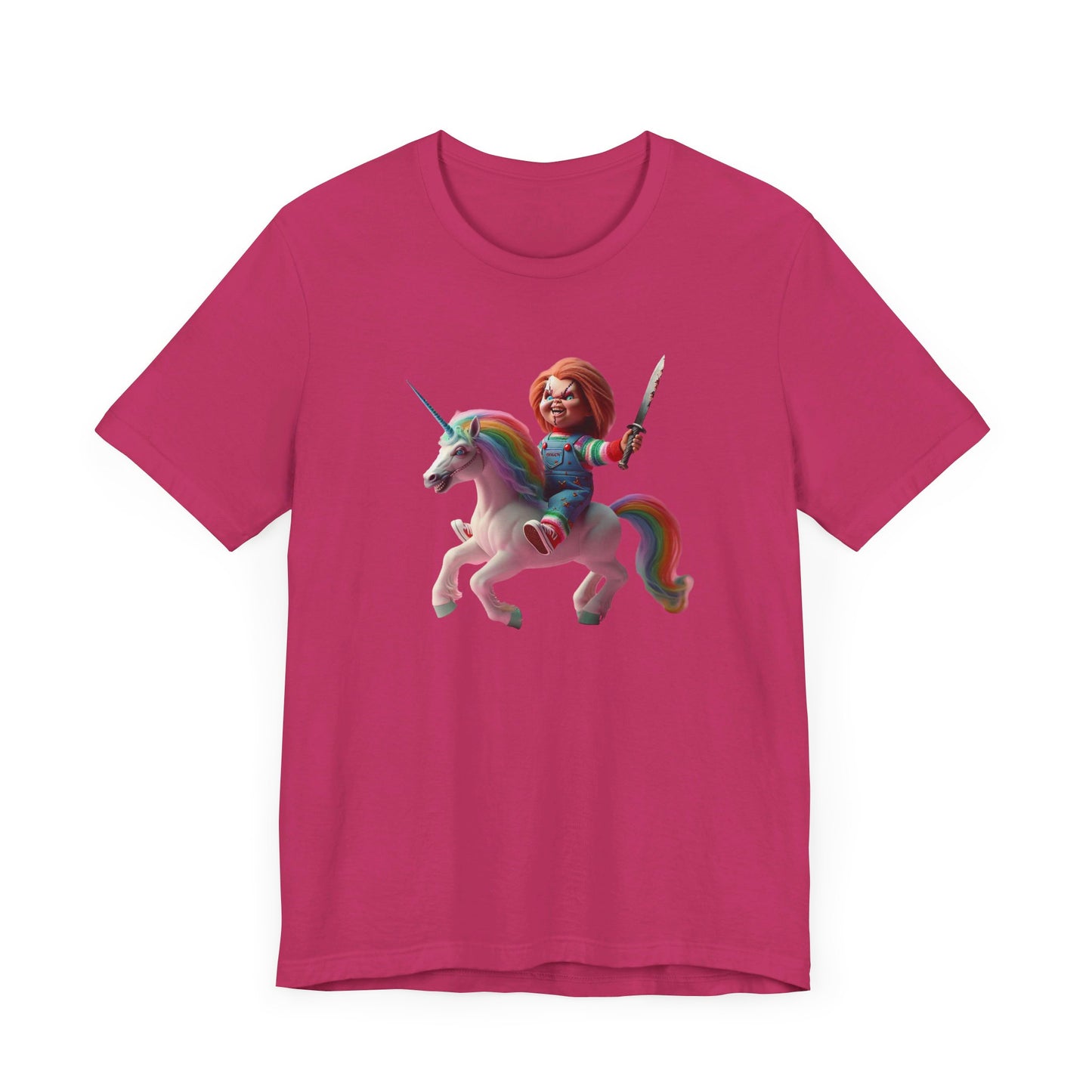 Chucky on his Unicorn!  Unisex Jersey Short Sleeve Tee