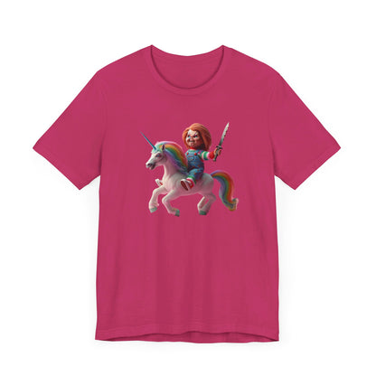 Chucky on his Unicorn!  Unisex Jersey Short Sleeve Tee