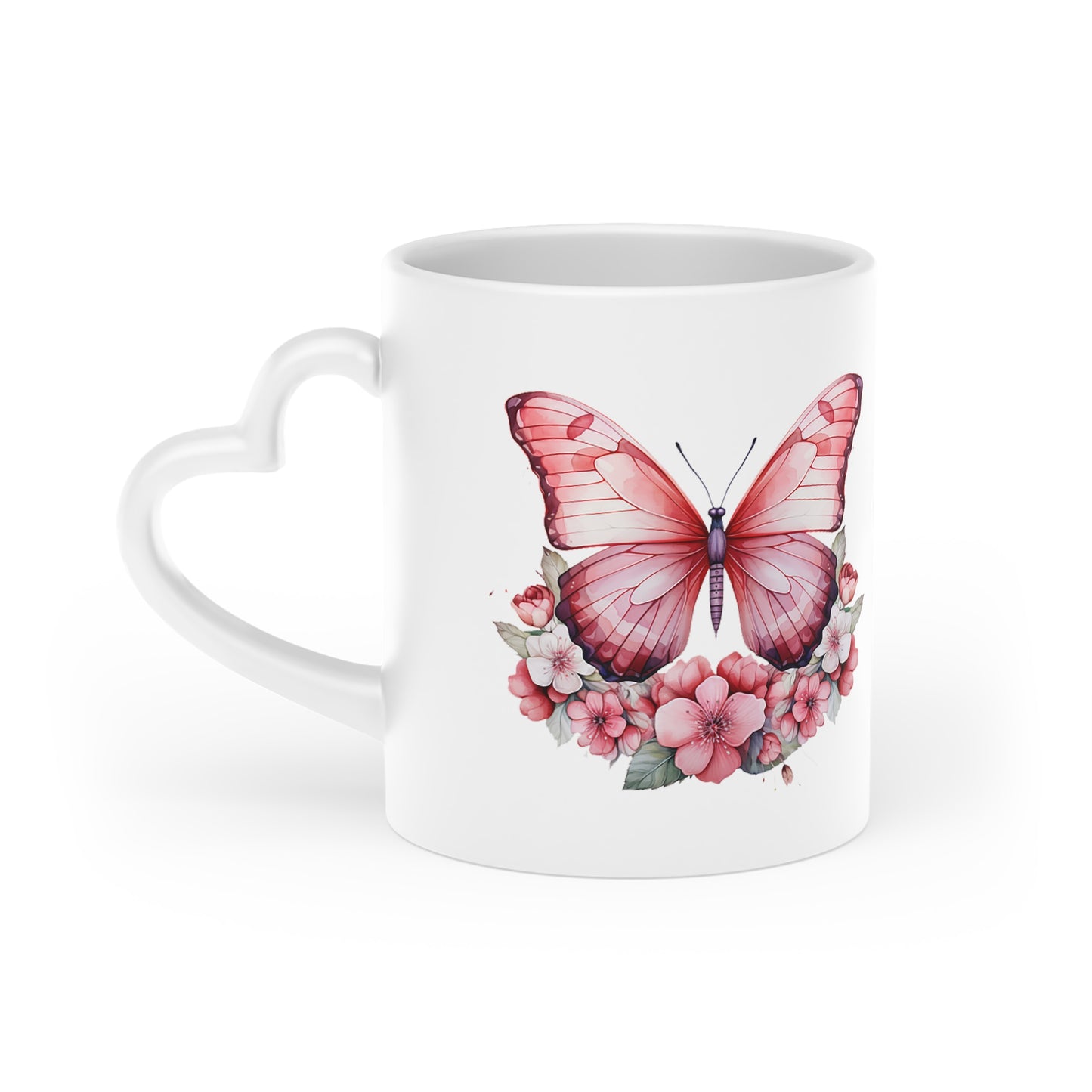 Beautiful Pink Butterfly Heart-Shaped Mug