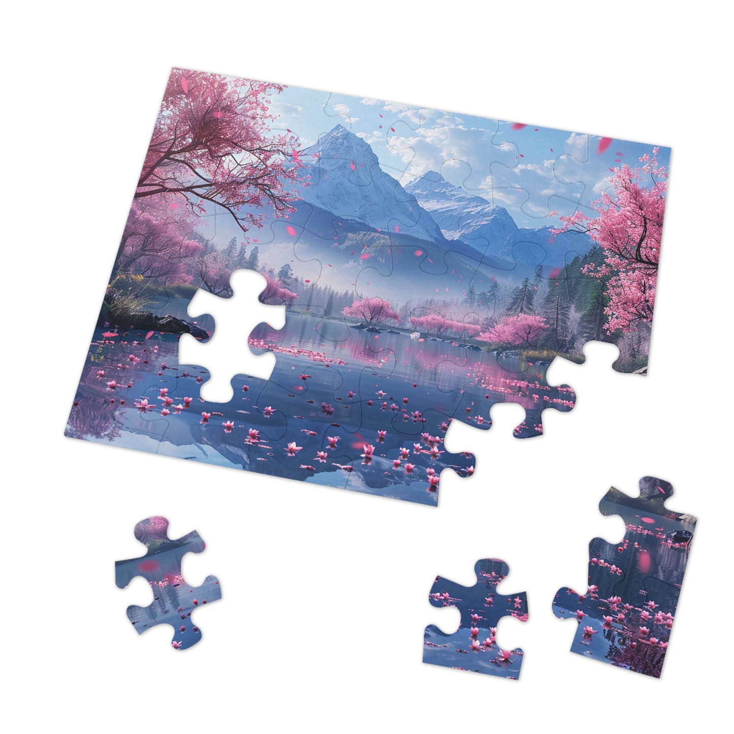 Japan Landscape Lake with Cherry Blossoms  Jigsaw Puzzle (30, 110, 252, 500,1000-Piece)