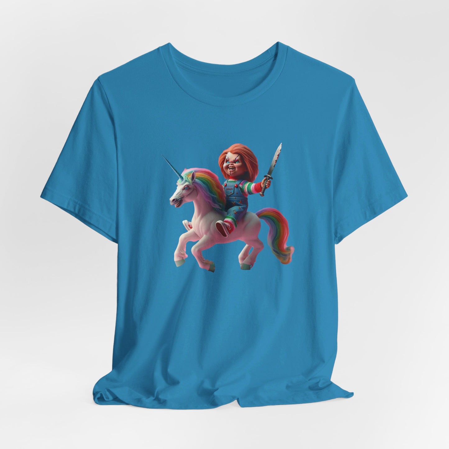 Chucky on his Unicorn!  Unisex Jersey Short Sleeve Tee