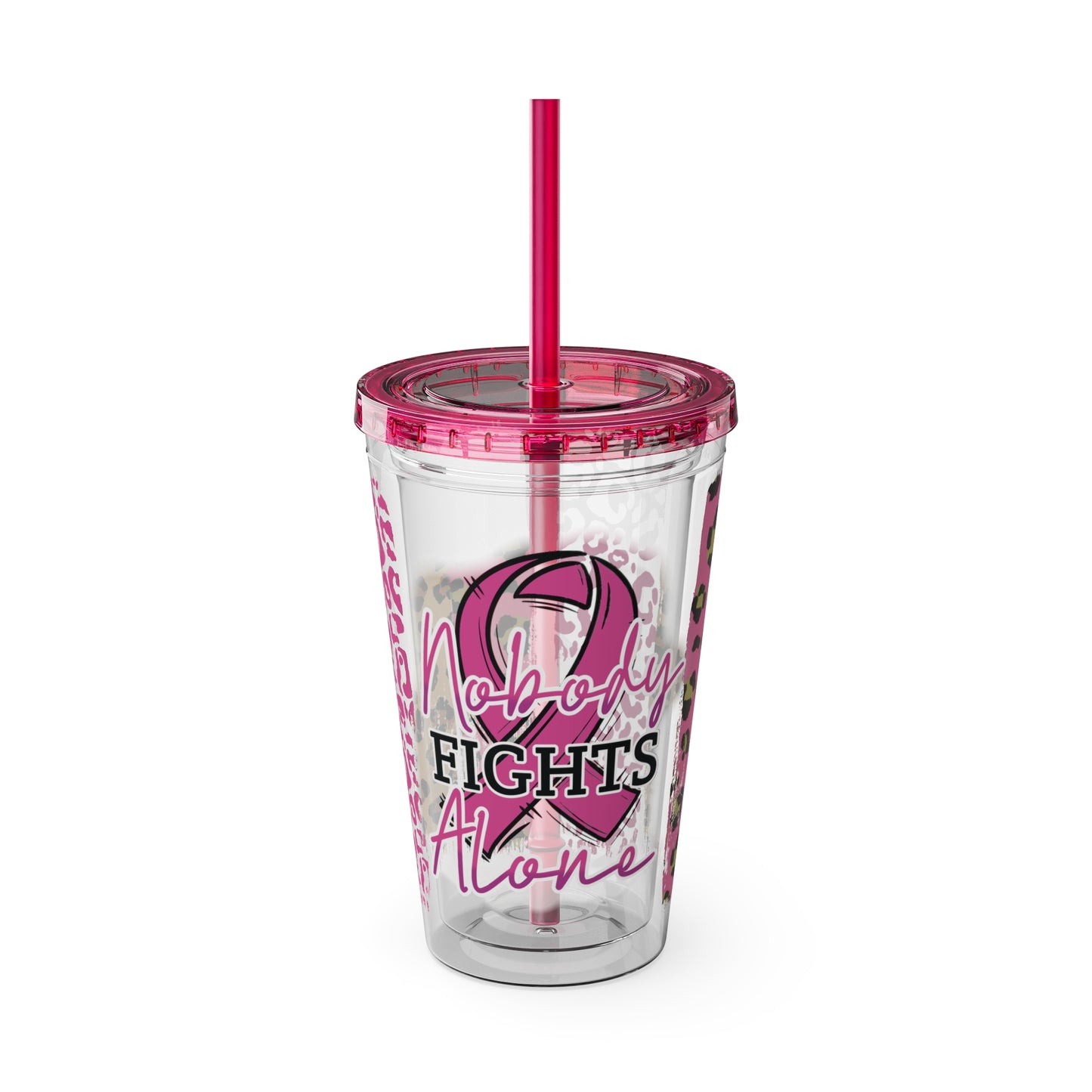 Nobody Fights Alone Breast Cancer Awareness Sunsplash Tumbler with Straw, 16oz