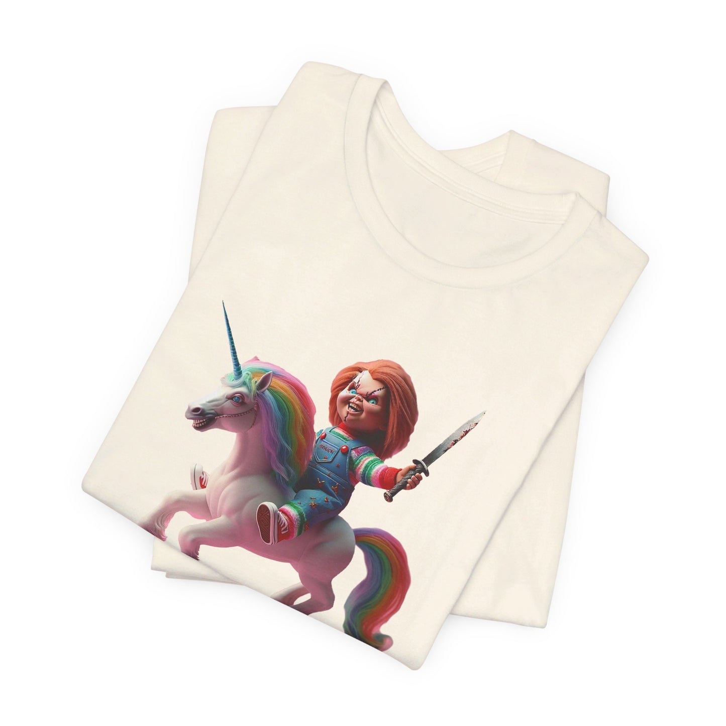 Chucky on his Unicorn!  Unisex Jersey Short Sleeve Tee