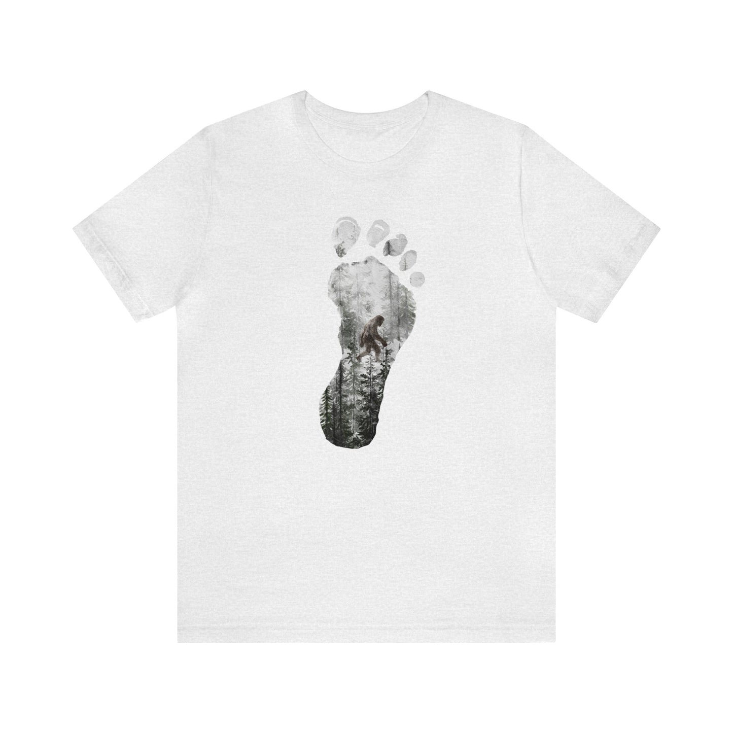 Bigfoot in the Forest Foot Print  Unisex Jersey Short Sleeve Tee