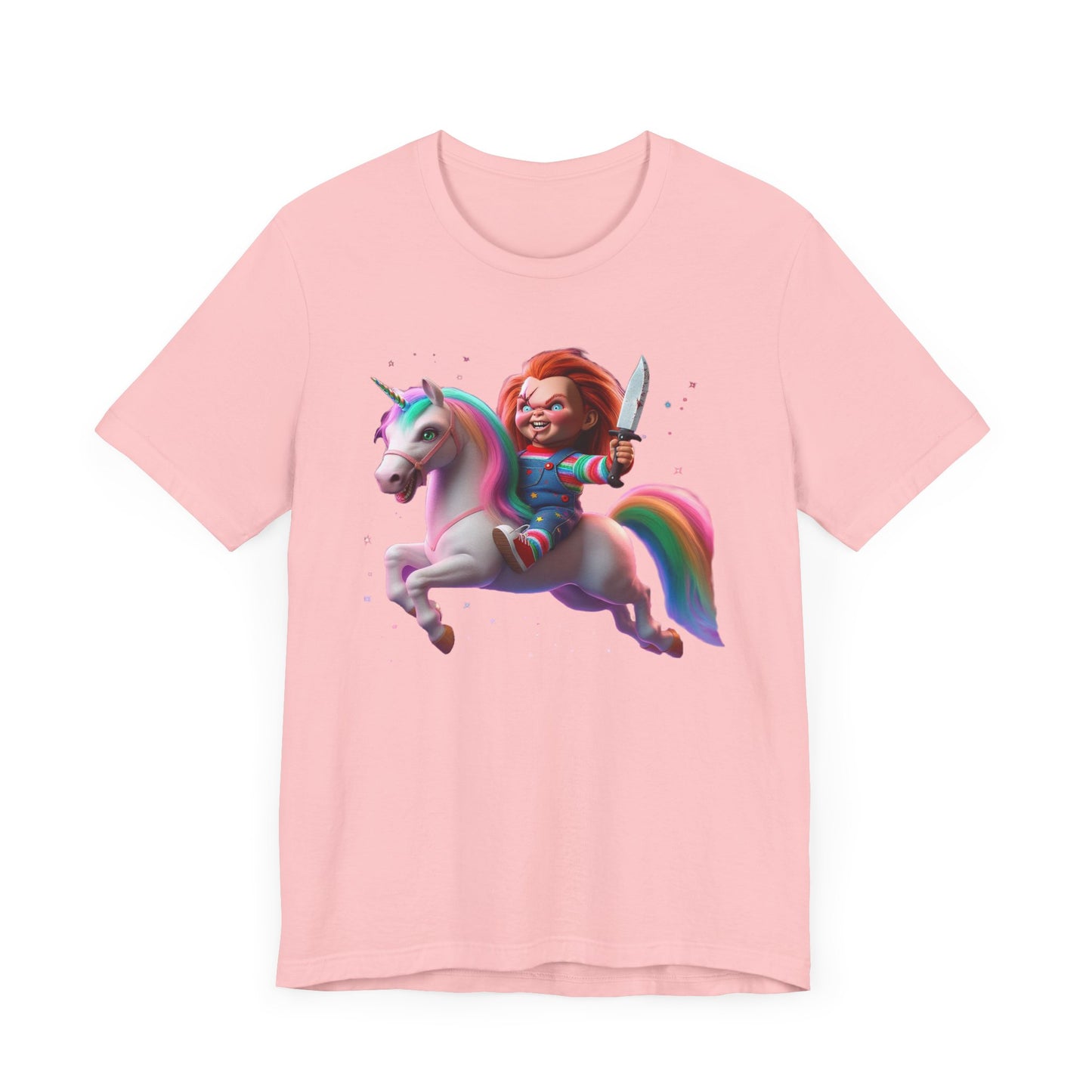 Chucky Riding a Unicorn! Unisex Jersey Short Sleeve Tee