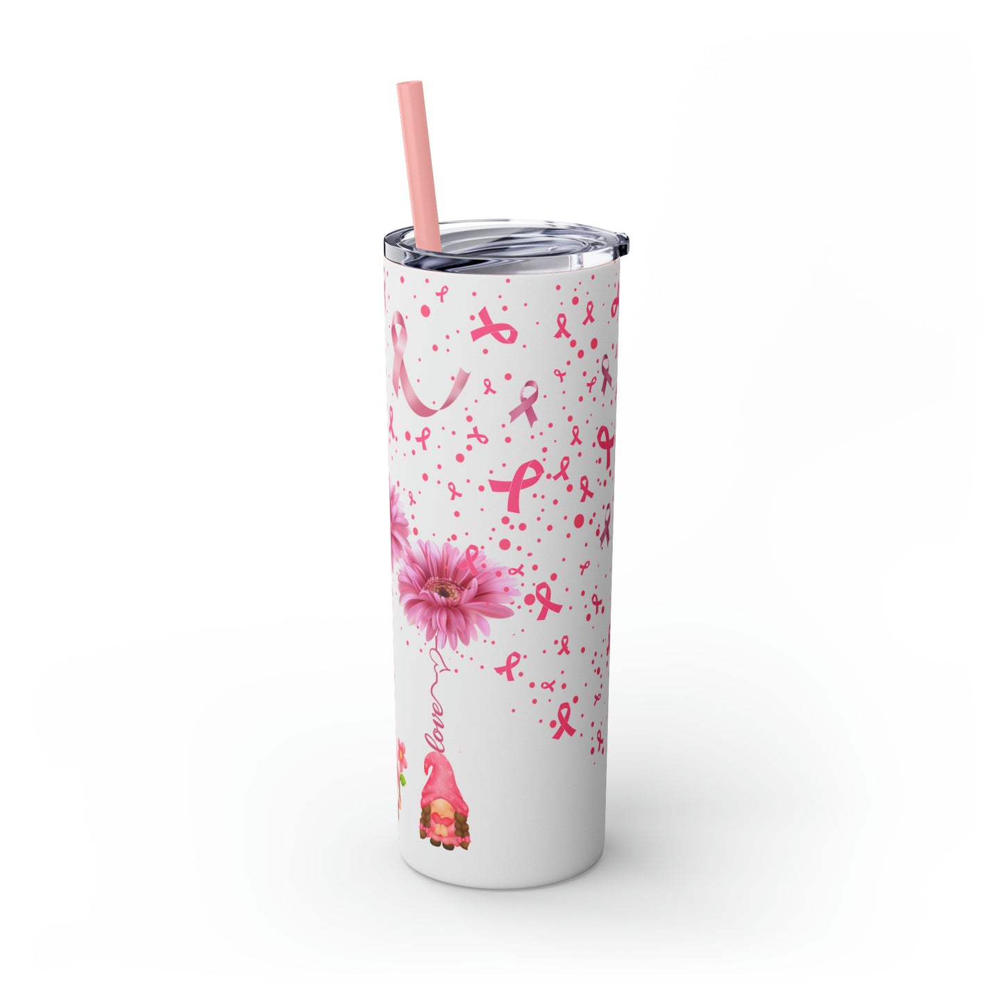 Faith Hope & Love Gnome Breast Cancer Awareness Skinny Tumbler with Straw, 20oz