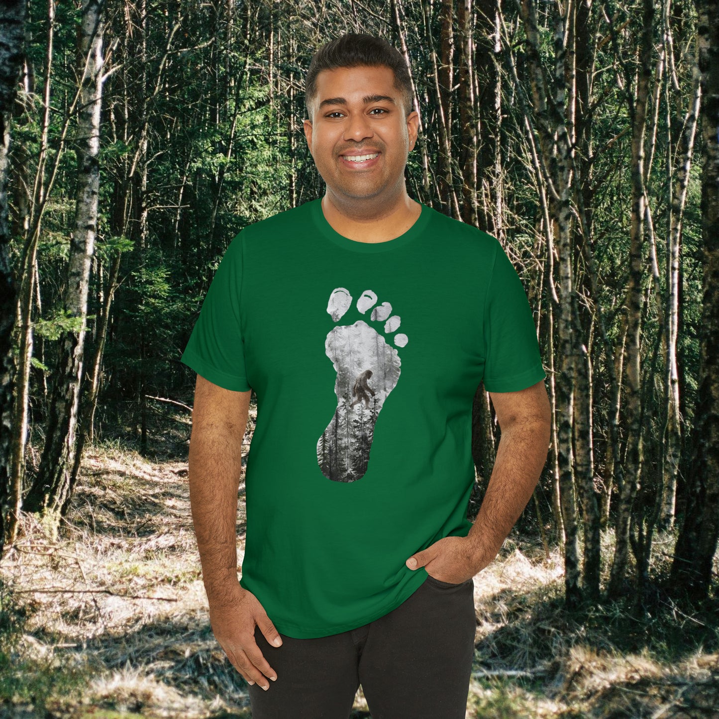 Bigfoot in the Forest Foot Print  Unisex Jersey Short Sleeve Tee