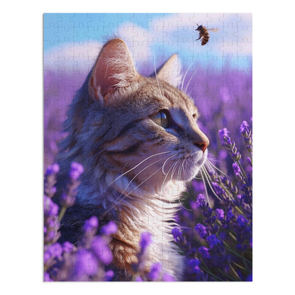 Cat and Bee in a Field of Purple Flowers  Jigsaw Puzzle (30, 110, 252, 500,1000-Piece)