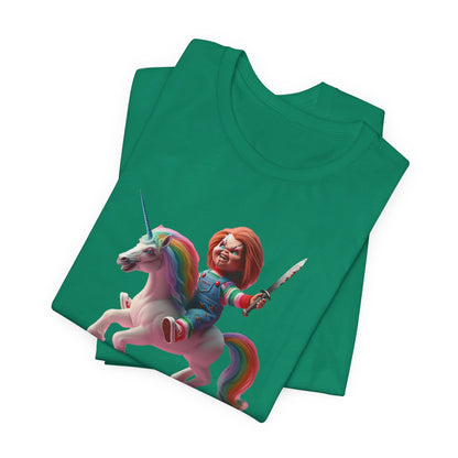 Chucky on his Unicorn!  Unisex Jersey Short Sleeve Tee