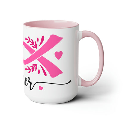 Breast Cancer Awareness Fuck Cancer Pink Ribbon Two-Tone Coffee Mugs, 15oz