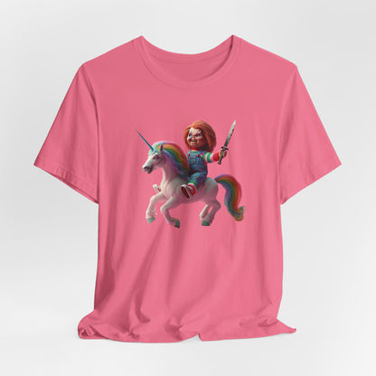 Chucky on his Unicorn!  Unisex Jersey Short Sleeve Tee