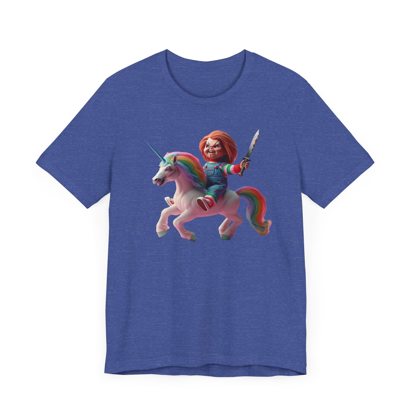 Chucky on his Unicorn!  Unisex Jersey Short Sleeve Tee