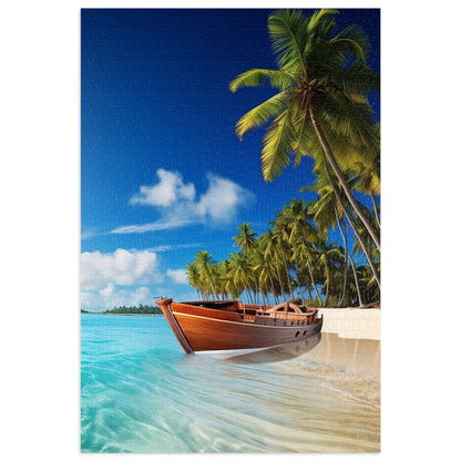 Wooden Boat Under a Palm Tree Jigsaw Puzzle (30, 110, 252, 500,1000-Piece)