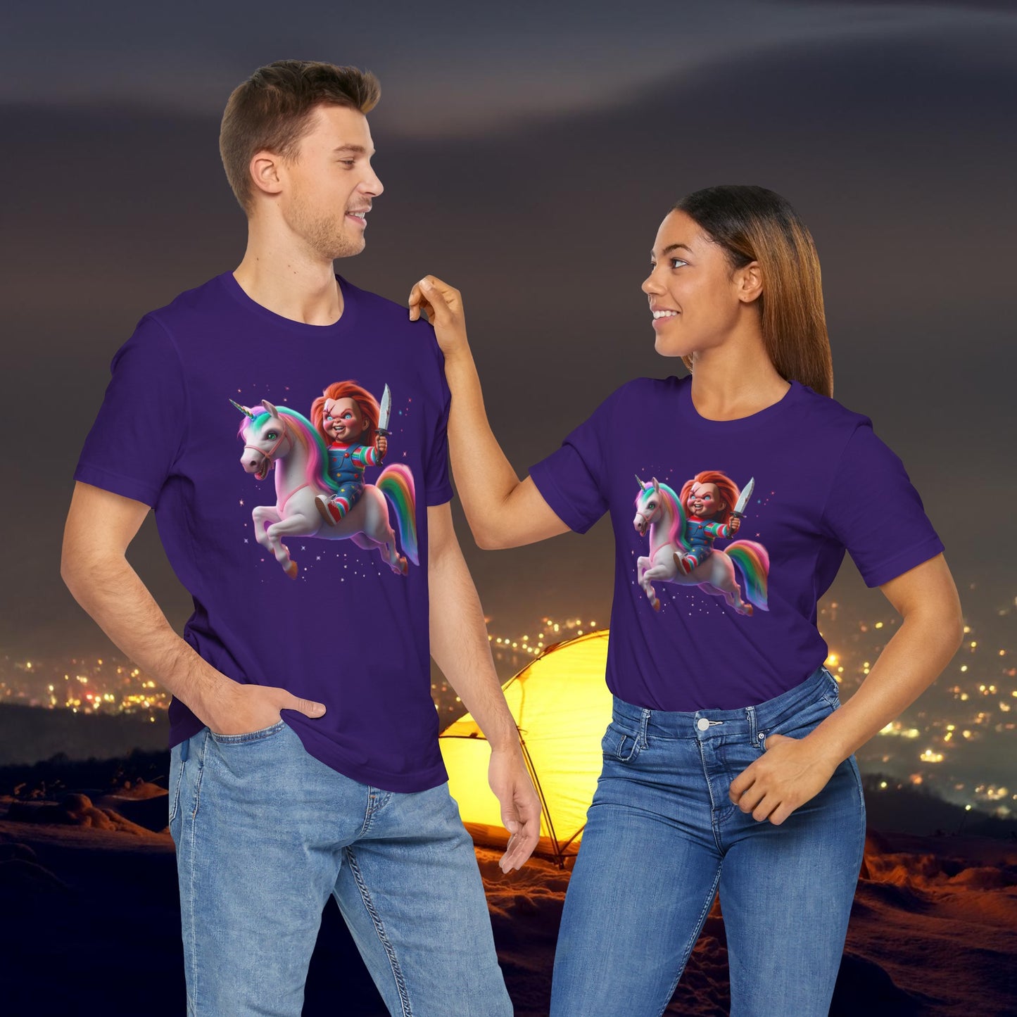 Chucky Riding a Unicorn! Unisex Jersey Short Sleeve Tee