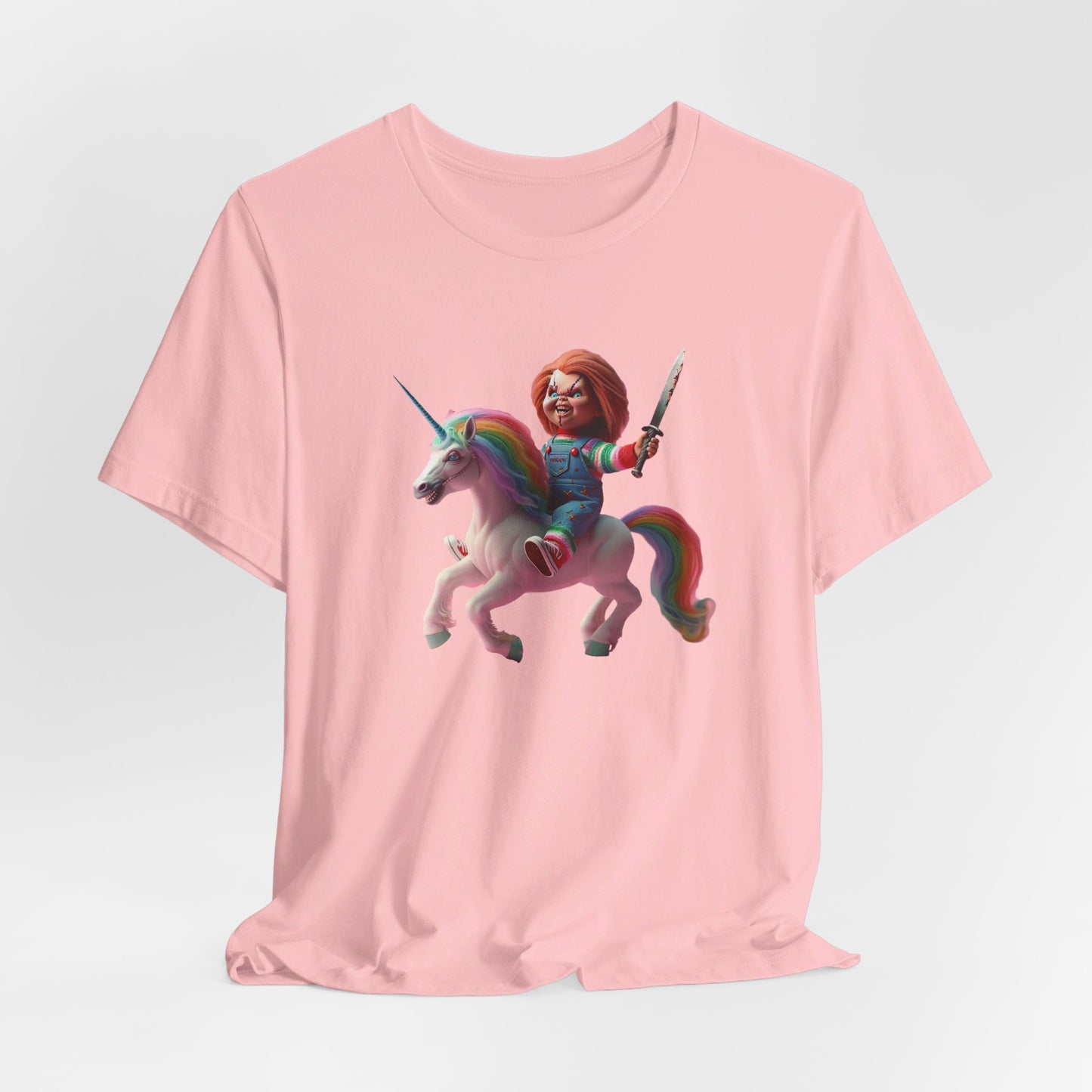 Chucky on his Unicorn!  Unisex Jersey Short Sleeve Tee