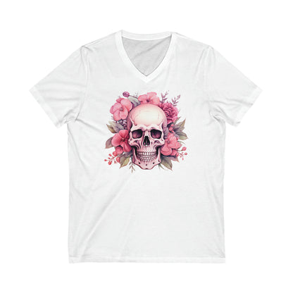 Pink Skull Breast Cancer Awareness Halloween Jersey Short Sleeve V-Neck Tee