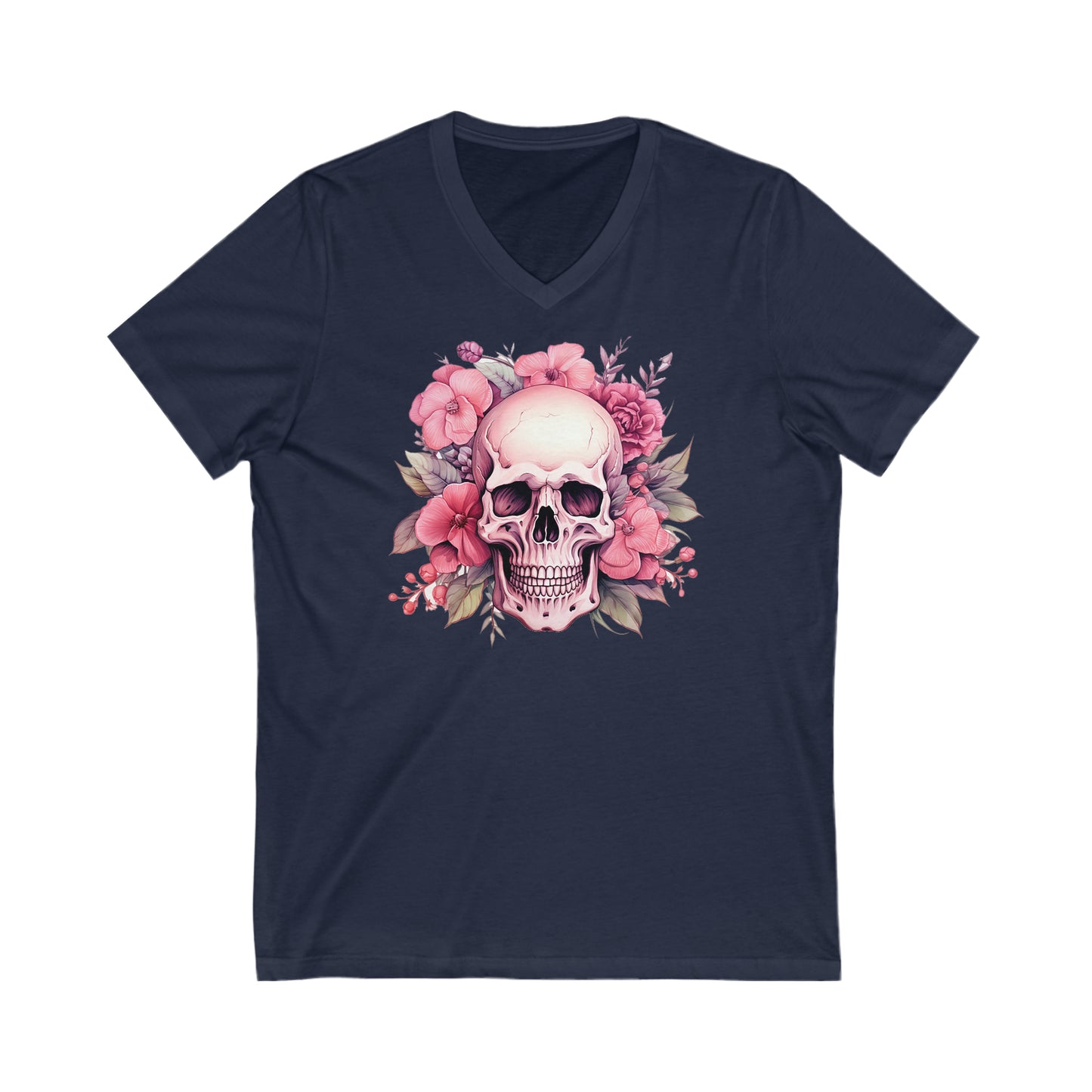 Pink Skull Breast Cancer Awareness Halloween Jersey Short Sleeve V-Neck Tee