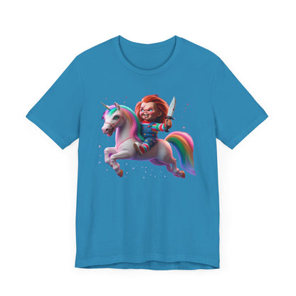 Chucky Riding a Unicorn! Unisex Jersey Short Sleeve Tee