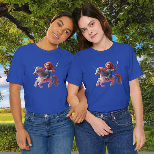 Chucky on his Unicorn!  Unisex Jersey Short Sleeve Tee