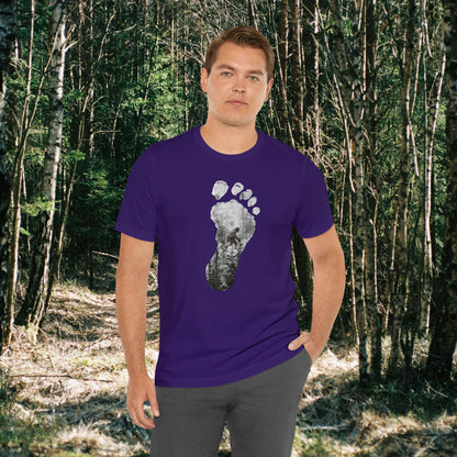 Bigfoot in the Forest Foot Print  Unisex Jersey Short Sleeve Tee