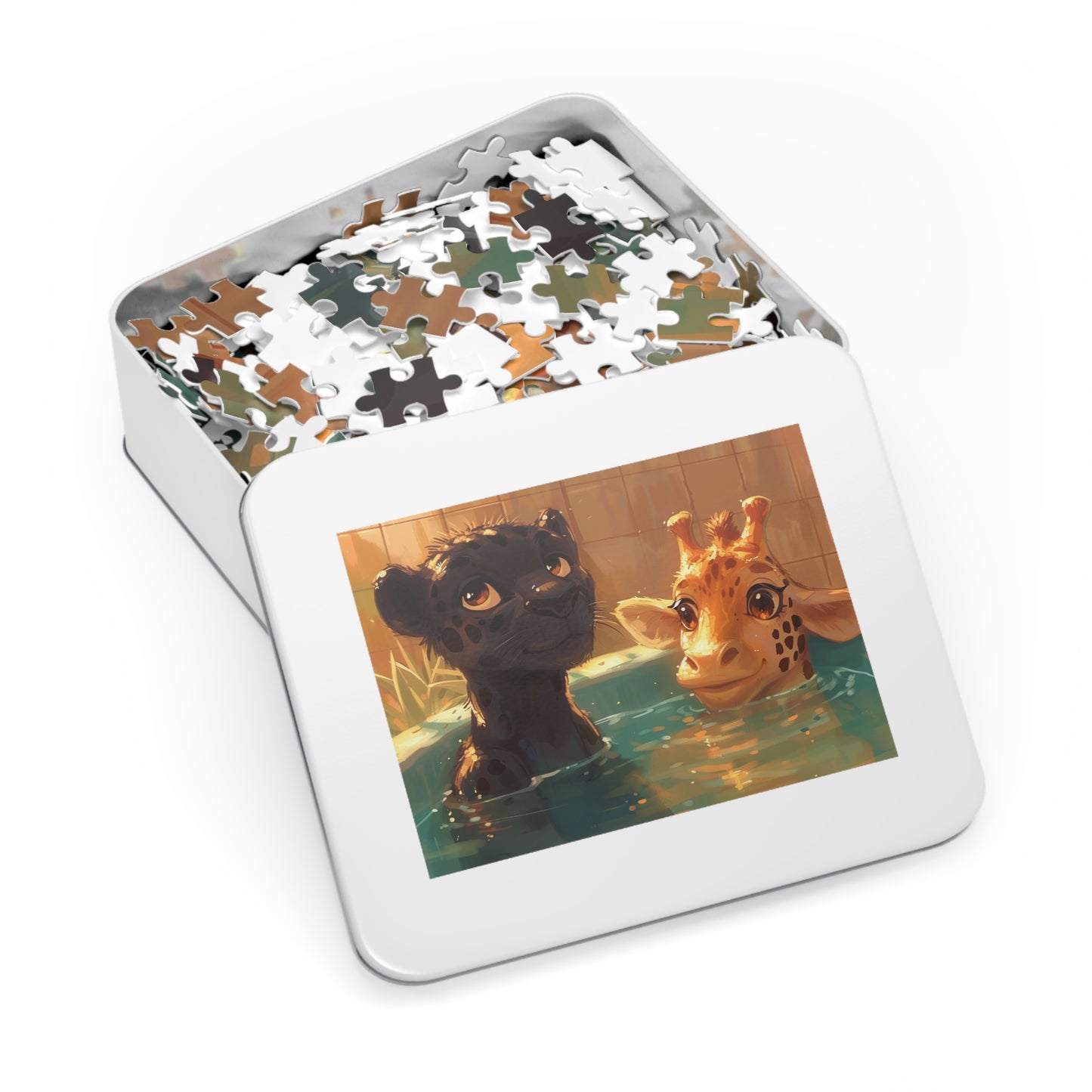 Panther and Giraffe Relaxing in a Hot Tub  Jigsaw Puzzle (30, 110, 252, 500,1000-Piece)