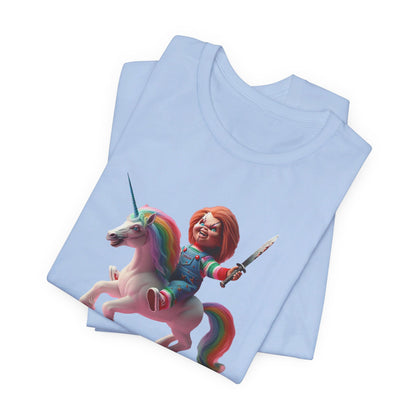 Chucky on his Unicorn!  Unisex Jersey Short Sleeve Tee