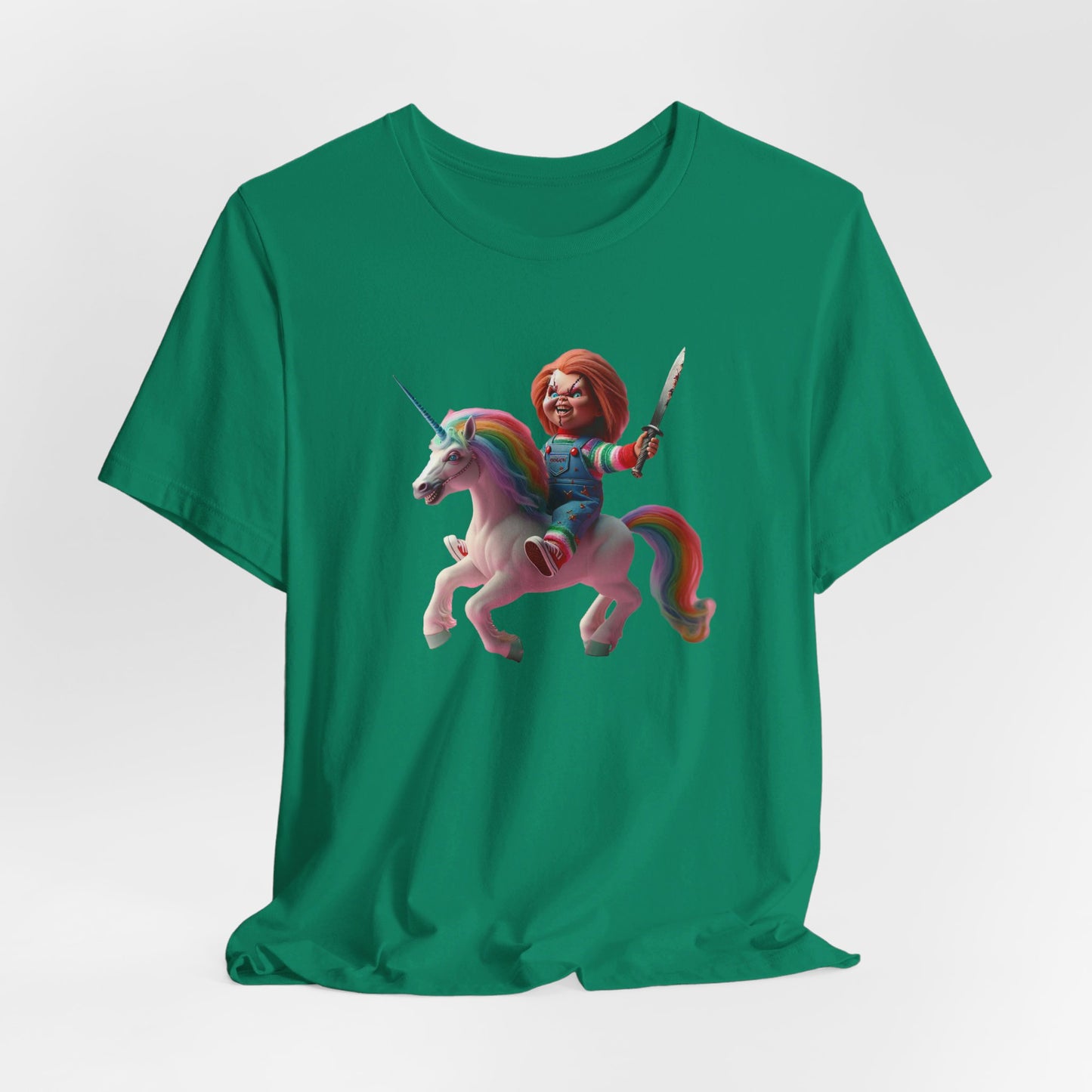 Chucky on his Unicorn!  Unisex Jersey Short Sleeve Tee