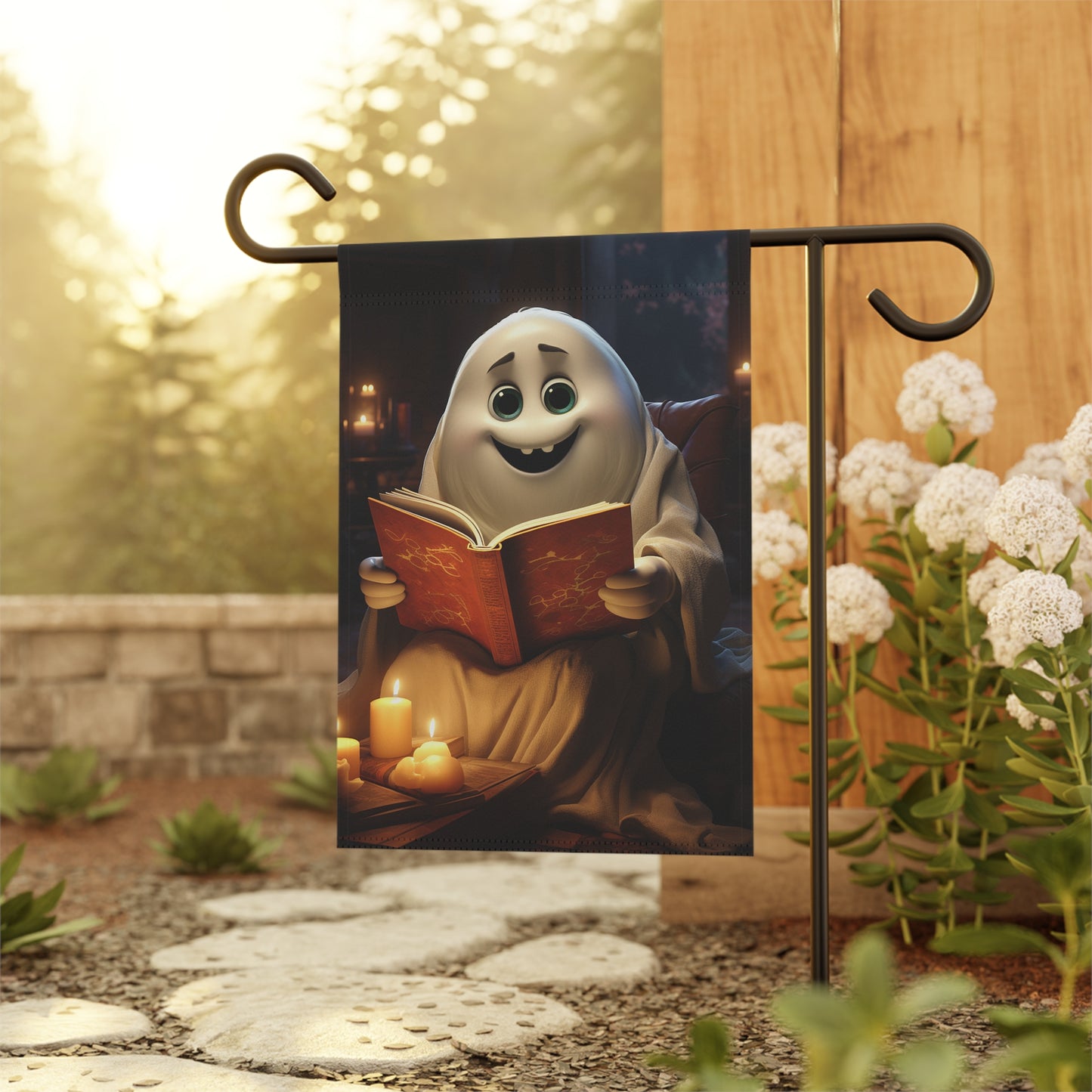 Cute Ghost Reading a Book Garden & House Banner